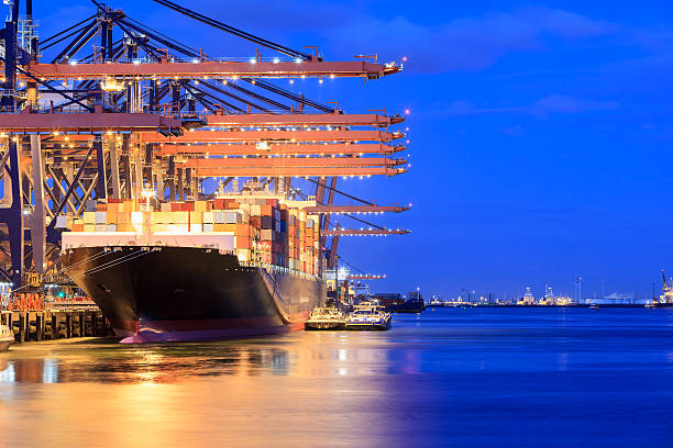 Container terminal and container cargo ship at dusk